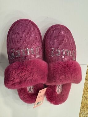 Juicy Couture Hot Pink Fuzzy Slide Slippers with Rhinestone Toe